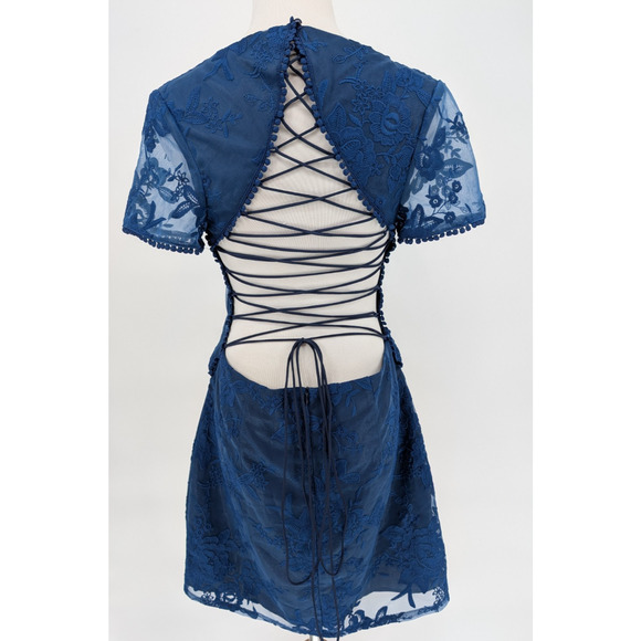 Two Sisters Shay Navy Lace Cutout Open Back Dainty Feminine Mini Dress 12 - Picture 11 of 15